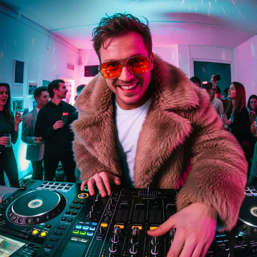 DJ souriant en manteau de fourrure marron et lunettes orange, mixant derrière une platine, dans une soirée illuminée au néon rose/bleu.