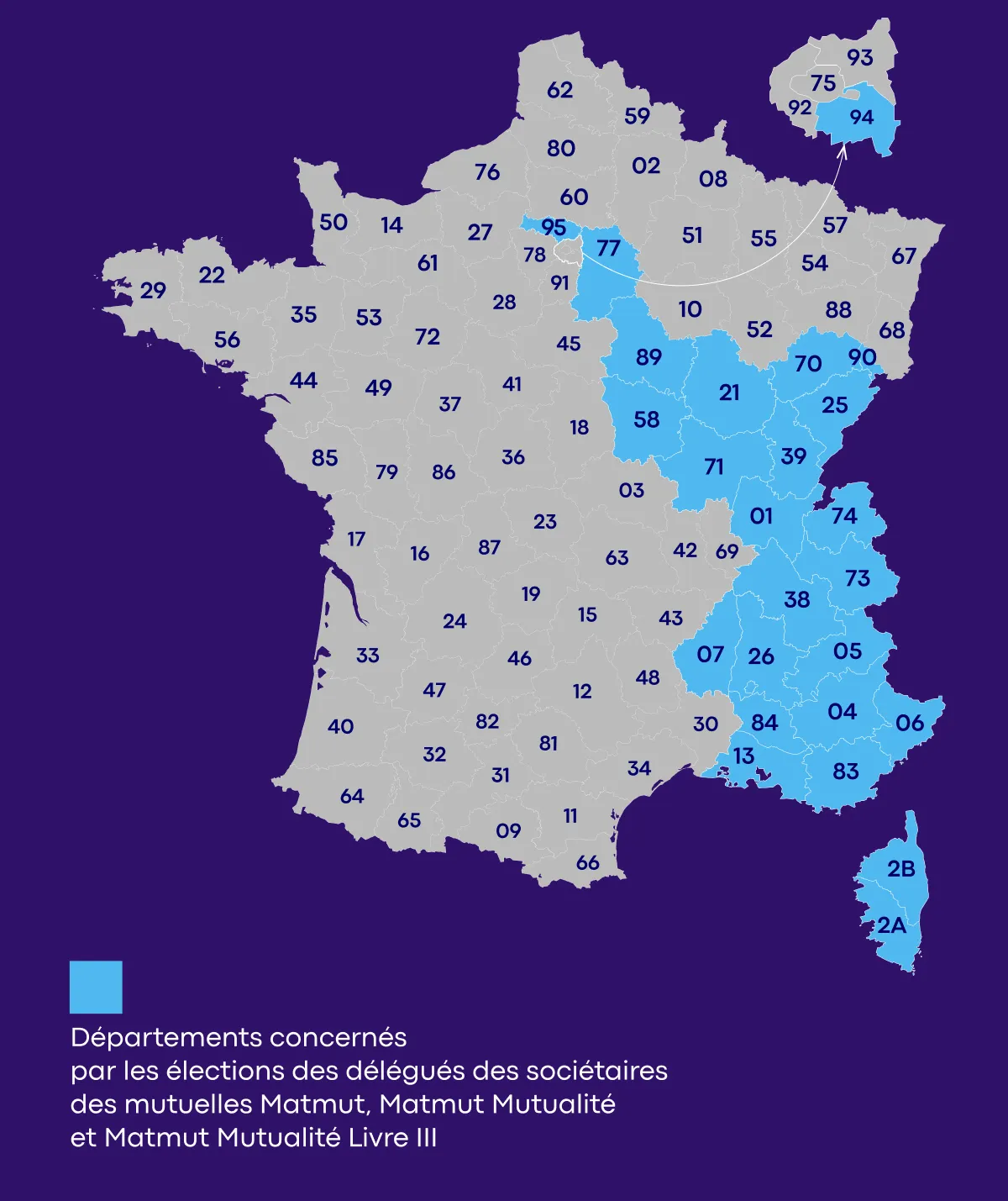 Départements concernés pas les élections des délégués mutuelle matmut, matmut mutualité et matmut mutualité livre trois : 01, 04, 05, 06, 07, 13, 21, 25, 26, 38, 39, 58, 70, 71, 73, 74, 77, 83, 84, 89, 90, 94, 95, 2A, 2B 