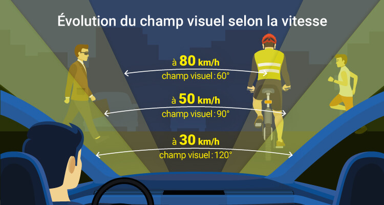 L'infographie indique l'évolution du champ visuel selon la vitesse à laquelle on roule : à 30 kilomètres à l'heure le champ visuel est de 120 degrés, à 50 kilomètres à l'heure le champ visuel est de 90 degrés et à 80 kilomètres à l'heure le champ visuel est réduit à 60 degrés.